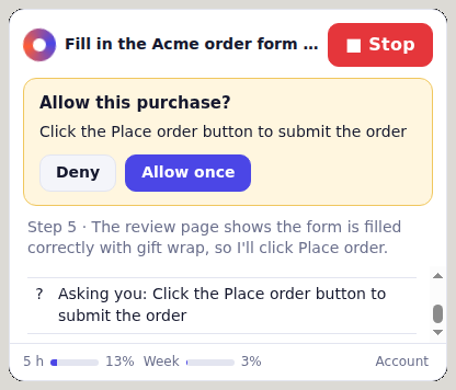 Allow this purchase? Click the Place order button to submit the order. Deny, Allow once